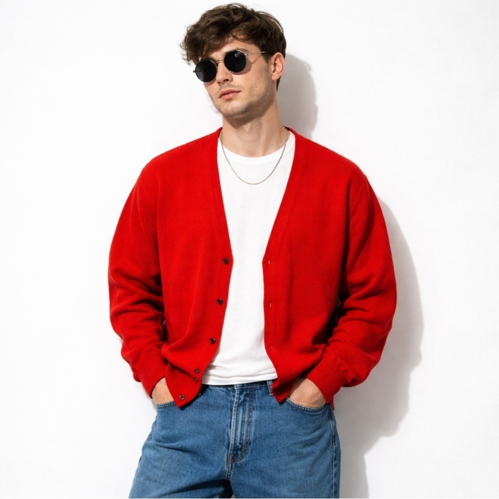 Vintage Jantzen Cardigan Sweater Mens Large Red Button Front USA Made Classic